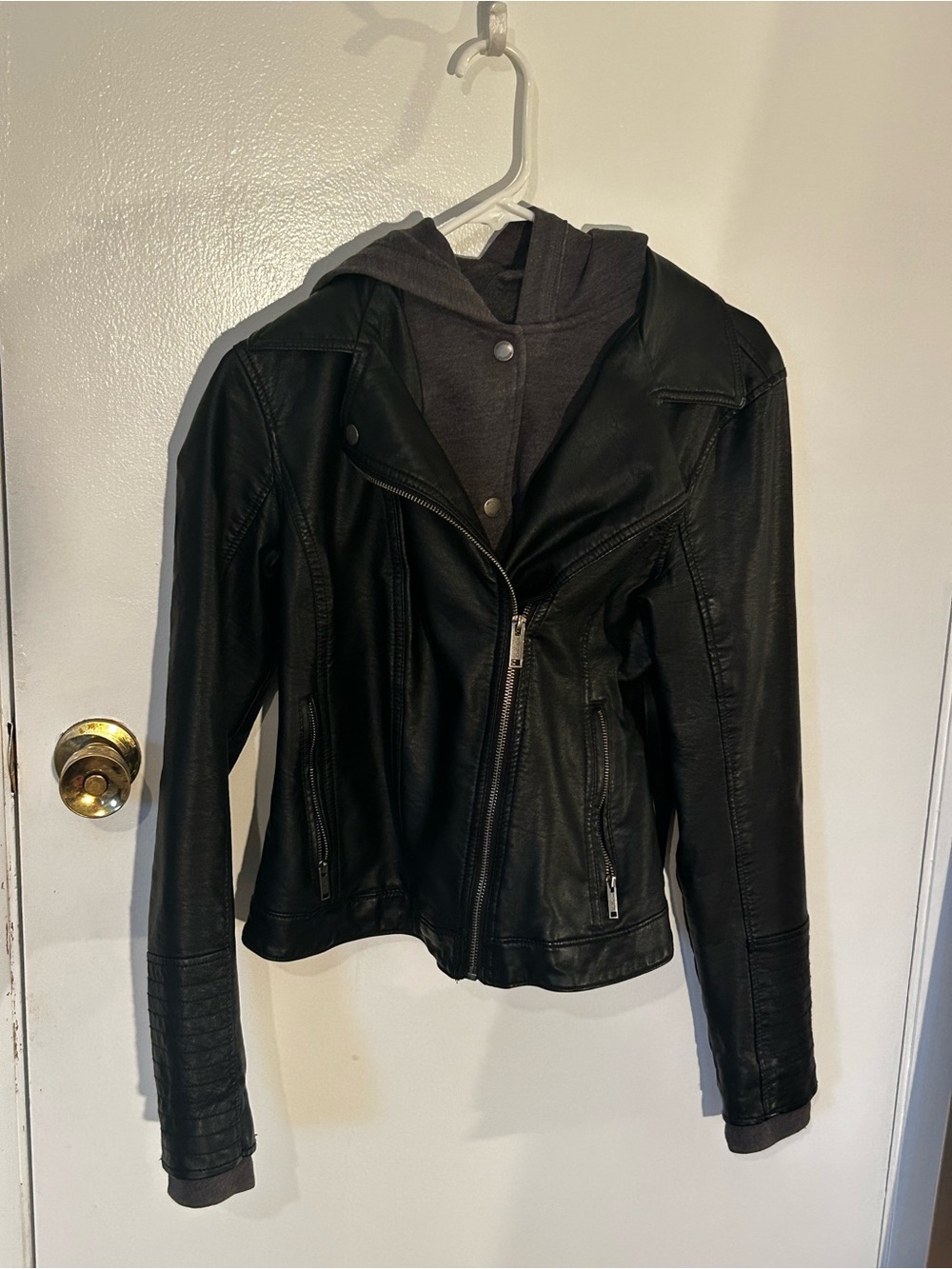 Hollister Black Faux Leather Moto Jacket with Dark Gray Hood